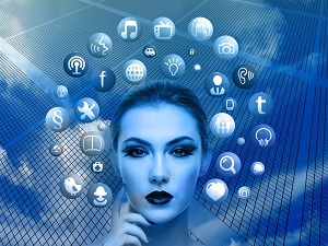 woman's face encompassed by app and cellphone icons